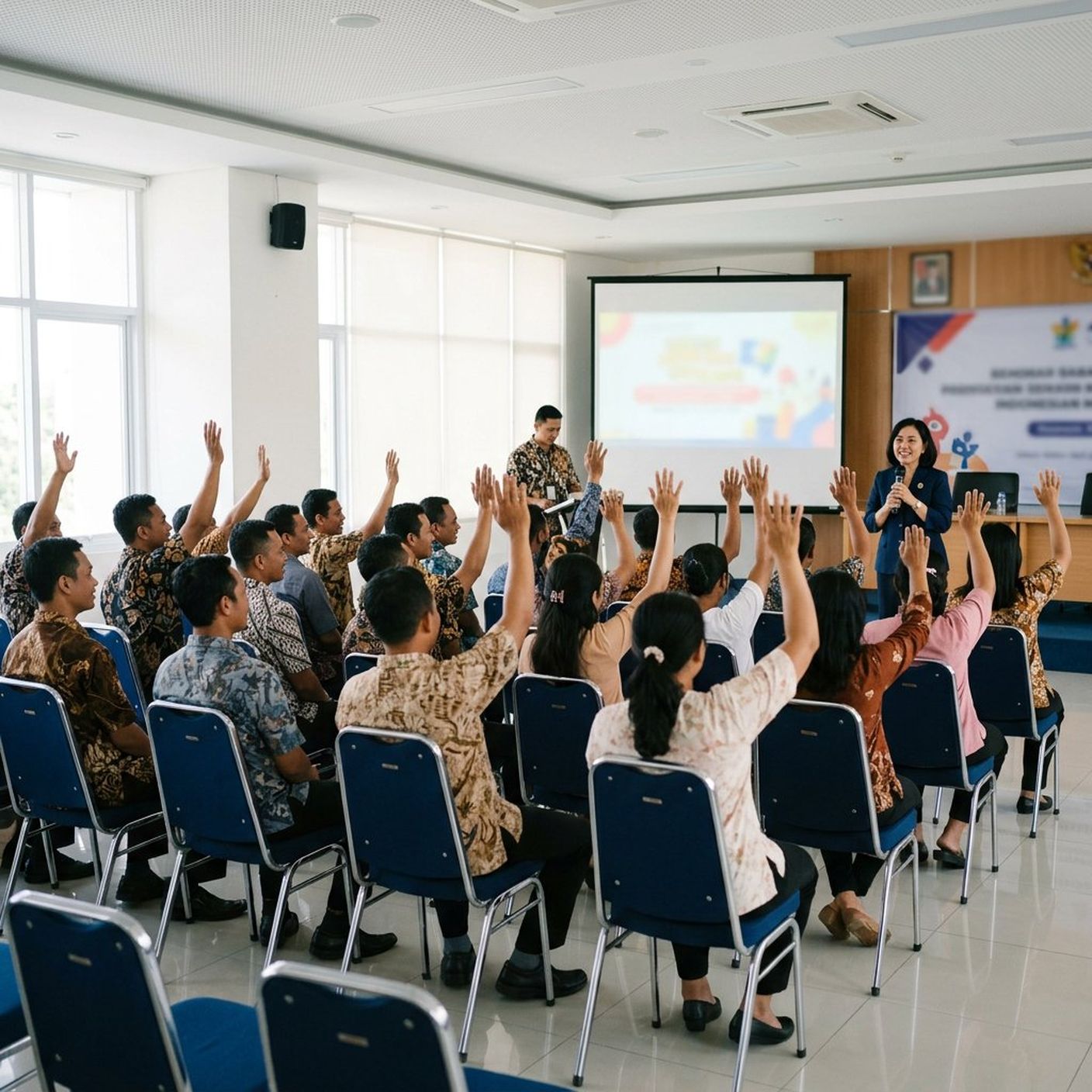 Calon pekerja migran mengikuti orientasi pra penempatan (OPP) di ruang resmi