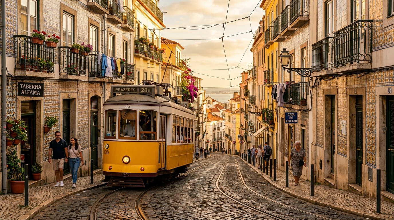 Pemandangan trem kuning dan jalanan Lisbon, Portugal