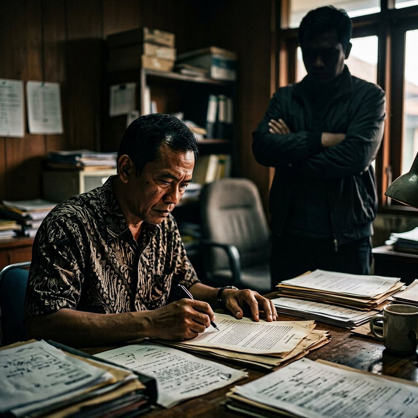 Kandidat Indonesia meninjau kontrak di kantor tidak resmi — ilustrasi risiko agensi bodong